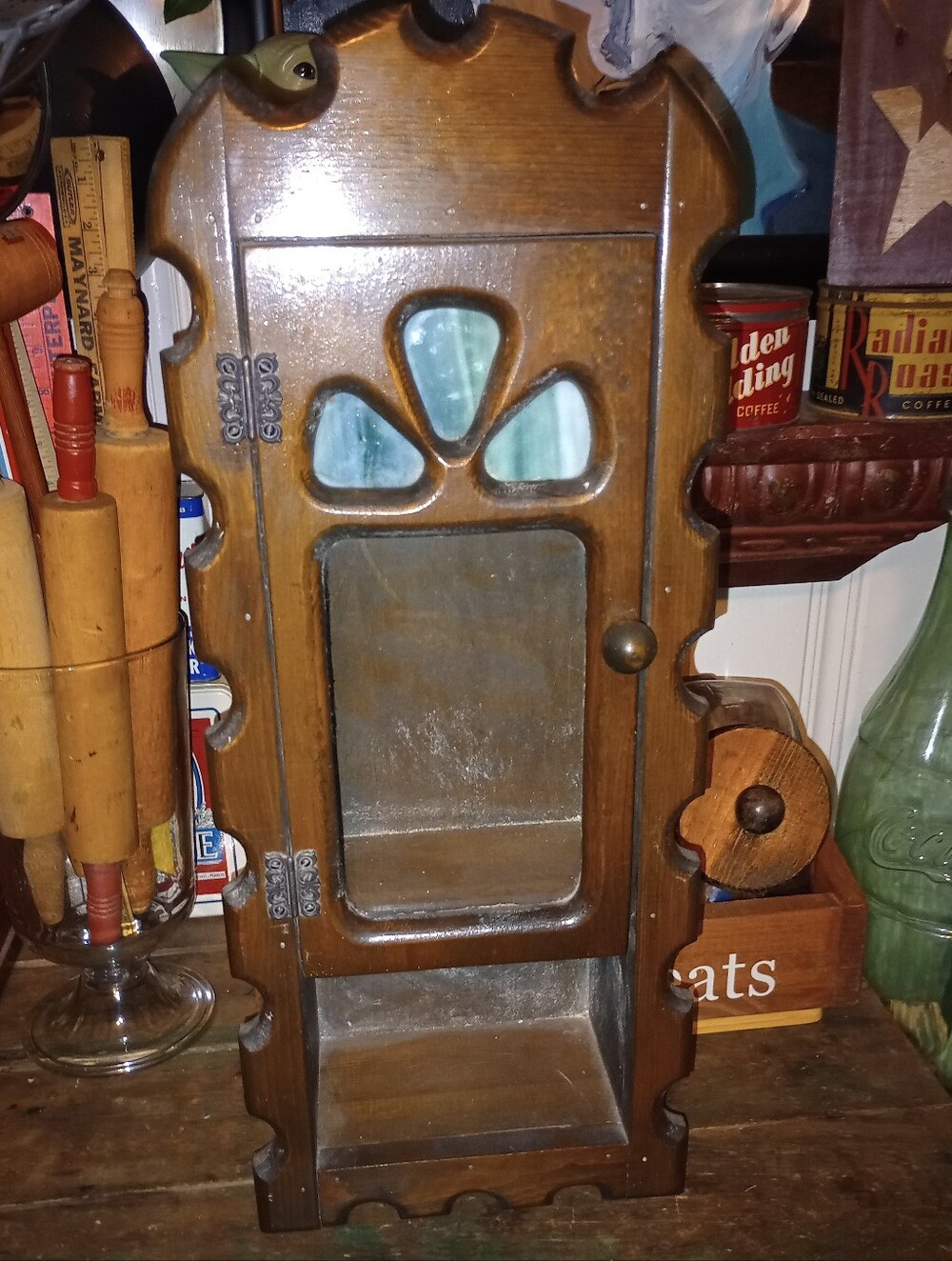 Vintage Wood Wall Spice/ Medicine Cabinet W/Glass Front & Stained Glass